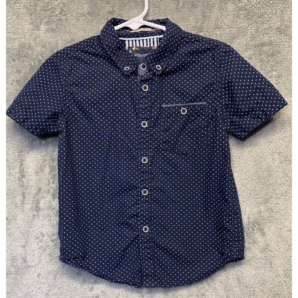 Denim & Flower by Ricky Singh Boys button down navy blue polka dot shirt Sz 4
